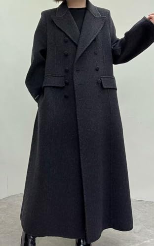 Women Long Winter Wool Pea Coat Lapel Double Breasted Trench Over Coat with Belt - color: Black, size: Medium