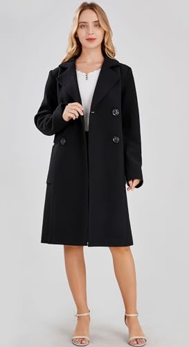 chouyatou Women's Basic Essential Double Breasted Mid-Long Wool Blend Pea Coat - color: Black, size: Large