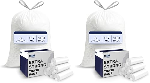Plasticplace 8 Gallon Trash Bags -White Drawstring Garbage Can Liners - Leak-Resistant and Tear-Proof for Kitchen, Bathroom, Office, and Small Trash Cans 0.7 Mil- 200 Count (Pack of 2) - size: 200 Count (Pack of 2)