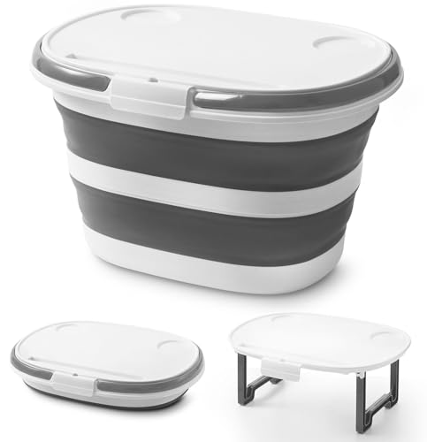 Lesipee Upgraded 16L Collapsible Mop Bucket with Multi-Functional Lid, 4-in-1 Foldable Silicone Tub with Table Surface, Floor Stand, Space Saving 4.2 Gallon Storage Solution for Home & Outdoor - style: 16 Bucket with Cover