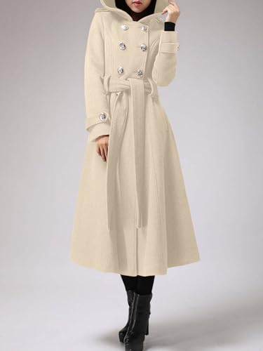 Cicy Bell Womens Long Double-Breasted Hooded Coat Winter Wool Trench Coat | Warm Pea Overcoat,Lapel Collar,Outwear with Belt,Open Front - color: Apricot, size: XX-Large