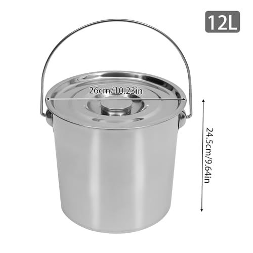 Stainless Steel Bucket, 12L Stainless Steel Food Bucket Stainless Steel Handle Pail Bucket Milk Bucket with Lid for Commercial Home Use (12L) - size: 12L