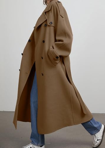 chouyatou Women's Winter Double Breasted Wool Coat Long Sleeve Notch Lapel Midi Long Winter Trench Coat with Belt - color: Dark Camel, size: Large