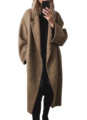 chouyatou Women's Winter Double Breasted Wool Coat Long Sleeve Notch Lapel Long Trench Coat - color: Brown, size: Small