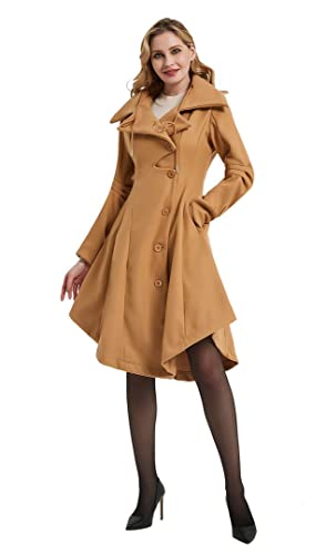 Long Trench Pea Coat for Women - Winter Trench Coat Goth Lapel Peacoat Outwear Thick Hood Pea Jacket Trenchcoat - color: A- Khaki, size: Medium