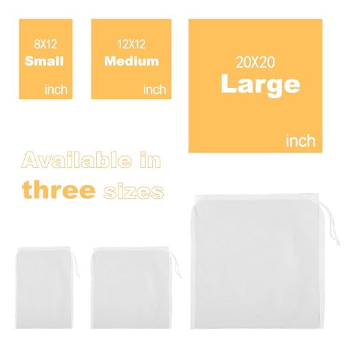 Reusable Nut Milk Bag 6 Pack, 3 Sizes Fine Mesh Strainer Bags (20"x20", 12"x12", 12"x8"), Nylon Filter Bags for Almond Milk, Juice, Cheese Making, Cold Brew Coffee & Yogurt