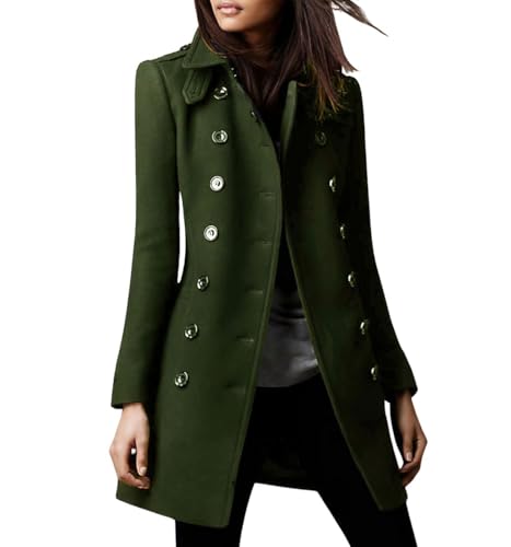 chouyatou Women's Winter Double Breasted Wool Coat Elegant Collared Wool Blend Trench Pea Coat - color: Army Green, size: Small