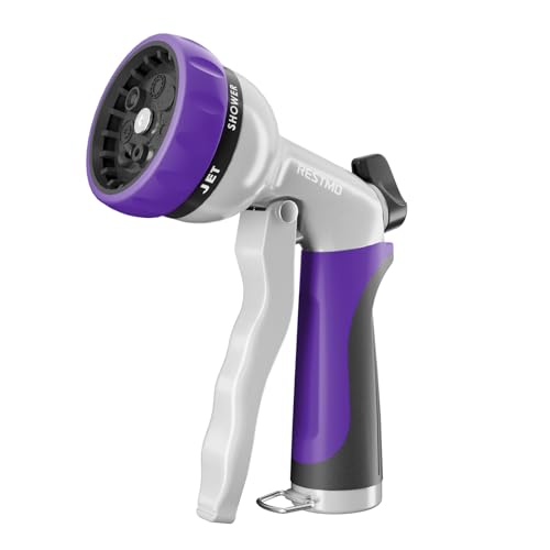 RESTMO Garden Hose Nozzle, Heavy Duty Metal Water Hose Nozzle with 7 Adjustable Spray Patterns, High Pressure Hand Sprayer with Flow Control, Best for Watering Plant & Lawn, Washing Car & Pet, Purple - color: Purple