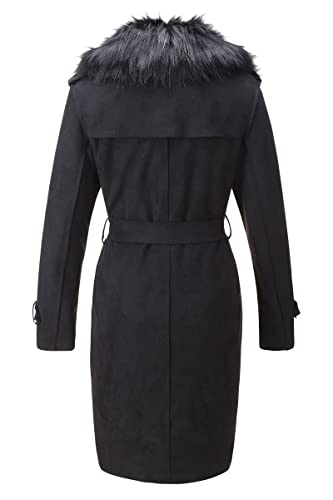 Bellivera Women's Faux Suede Leather Fleece Lined Trench Coat | Mid-length Winter Trendy Jacket Belted Sim Fit Outerwear with Detachable Faux Fur Collar - color: Black, size: Small