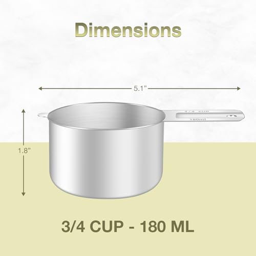 1PCS 3/4Cup (180ml, 6oz) Measuring Cup, Etched Inner Scale Measure Scoop | 18/8(304) Food-Grade Stainless Steel, Seamless One-Piece design, Metric and US Measurement, ‌Rust-Free, Dishwasher-Safe - size: 3/4Cup