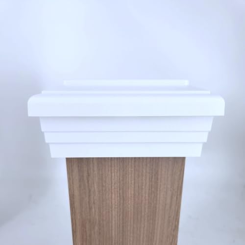 4x4 Post Cap White Flat Newel (fits Actual 4" x4" up to 4.6"x4.6" Post) for Rough Cedar or Vinyl Wrapped Post. Fences, Decks, & Mailboxes | UV stable polymer, American made, patented installation, corrosion resistant, weather proof, 10 year guarantee - co