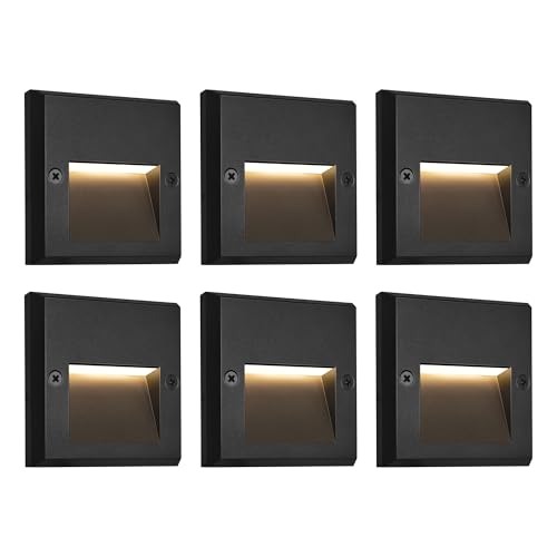 6-Pack Slim Square Low Voltage Deck Post Lights, Outdoor Step Lights, 12V Fence Railing Lighting Fixtures, Die-cast Aluminum, Black, 3000K