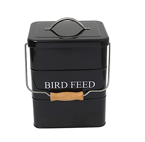 Morezi Bird Seed Storage Container Metal, 6 Lbs Airtight Bird Food Tin | Outdor Wild Bird Seed Container Canister w/ Scoop/Wooden Handle, Sturdy and Squirrel-proof, Keep Sunflower Seed Fresh-Black - color: Black