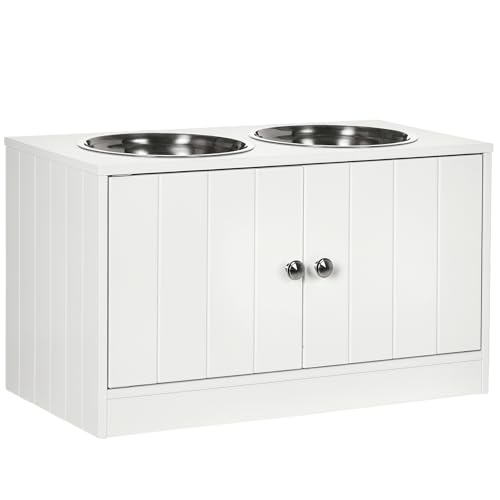 PawHut Large Elevated Dog Bowls with Storage Cabinet Containing Large 44L Capacity, Raised Dog Bowl Stand Pet Food Bowl Pet Feeding Station, White | Raised Dog Bowl Stand, Pet Feeding Station - color: White