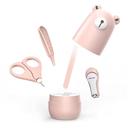 Baby Nail Clippers Set, Baby Nail Kit with Cute Case, Infant Manicure and Pedicure Health Grooming Care Can for Newborn, Kids and New Parents As Shower Gifts (Pink Bear) - color: Apricot Bear