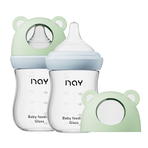yanyoyo Natural Glass Baby Bottle for Breastfeeding Babies, 5.4oz Anti-Colic Baby Bottle with Natural Response Nipple(S), Clear, Wide Neck, 2 Pack, 1 Months+ - color: Green, size: 5.4 Ounce (Pack of 2)