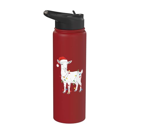 Cute Christmas Goat Kids Santa Hat Holiday Lights Farm Funny Stainless Steel Insulated Water Bottle - color: Red