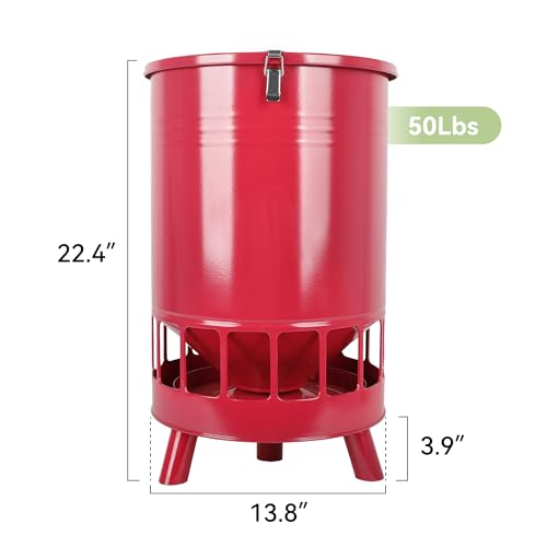 Solution4Patio 50LB No-Waste Chicken Feeder, Large Capacity Gravity Dispenser with Spill Control & 16 Feeding Ports Poultry Feeder for Outdoors & Hen Coop (Red) - color: Red