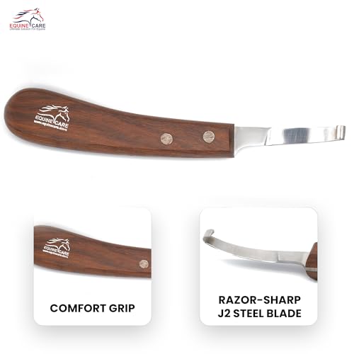 Equine Care Left-Handed Short Blade Hoof Knife for Horse Hoof Trimming | Short Farrier Hoof Knife: J2 stainless steel, compact curled tip and dual-riveted wood handle; right- or left-handed - style: Left Handed