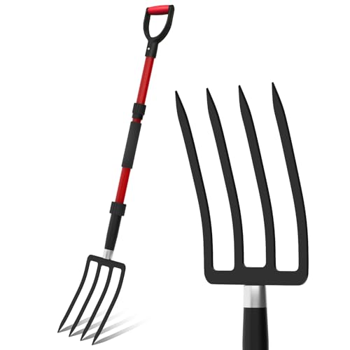 COSITA Pitch Fork for Garden, 44-Inches Pitchfork with Fiberglass Handle, Gardening Spading Fork with 4 Metal Tines, Heavy Duty Pitchfork for Manure, Mulch, Digging, Aeration, Red
