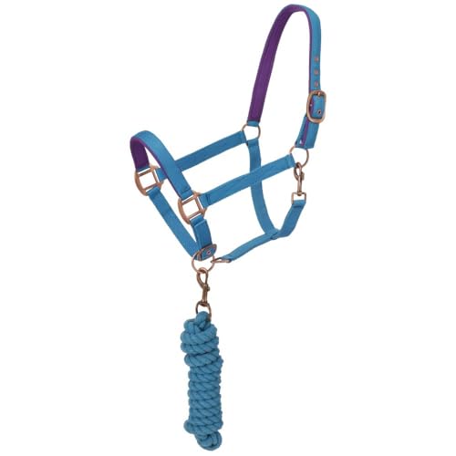 Tough1 Padded Horse Halter with Antique Hardware and Lead Rope - color: Aqua Blue