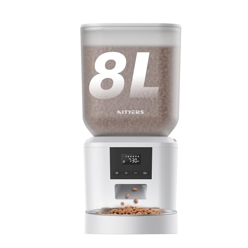 Automatic Dog Feeder - 8L/34 Cups Large Capacity Automatic Cat Food Dispenser with LCD Screen, Large Food Tray, Battery Operated, Timed Cat Feeder, Up to 50 Portions 6 Meals Per Day, Keeps Fresh - color: White