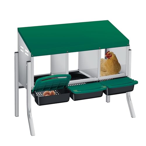 3 Hole Roll Away Chicken Nesting Box - Heavy Duty Metal Laying Box, Easy Egg Collection & Cleaning with Removable Tray for Poultry Coop, Backyard, Farm, with Bracket Legs - color: green, size: 3 holes with legs
