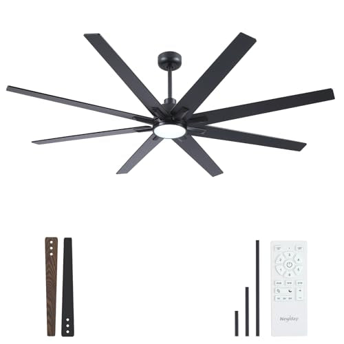 Newday 72 Inch Black Large Ceiling Fan with Light, Remote, Reversible DC | 8-blade, 6-speed with timer, 3CCT dimmable LED, silent high airflow, 3 downrods for living room, patio, indoor/outdoor - size: 72 Inch