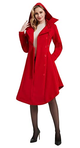 Long Trench Pea Coat for Women - Winter Trench Coat Goth Lapel Peacoat Outwear Thick Hood Pea Jacket Trenchcoat - color: A- Red, size: XX-Large