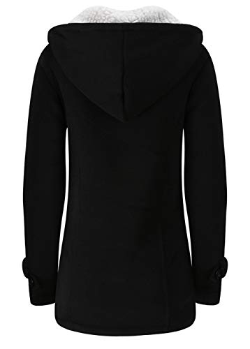 JiangWu Womens Fashion Horn Button Fleece Thicken Coat with Hood Winter Warm Jacket - color: Black, size: Medium