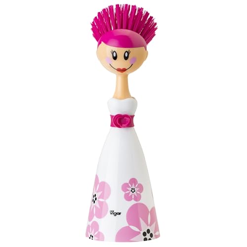 Vigar Dolls April Dish Brush with Ergonomic Handle - White, Pink | Dish Scrubber, Kitchen Scrub Brush, Dishwashing Brush Tool for Kitchen Sink Cleaning, Cute Standing Design - color: White, Pink