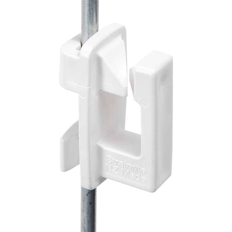 Strainrite® Pigtail Clip-On Insulator for Electric Fence Posts – 25 Pack | Clip-on design — twist and press to install. Holds low-tension electric conductors. For Strainrite® pigtail posts. White.