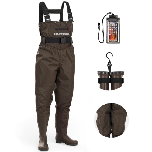 HUNTSEN Fishing Waders for Men Women - 2-Ply Nylon/PVC Waterproof Hunting Chest Waders with Boot Hanger&Phone Case, Size9-13 - color: Brown, size: 9