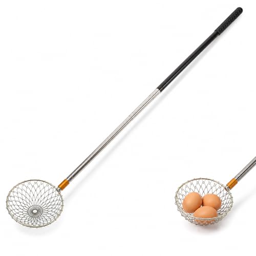 Egg Picker Tool with 15-58.5" Retractable Pole and Metal Wire Mesh Basket | Telescopic Retriever Grabber for Backyard Chicken Keeping, Nesting Box and Farm Use