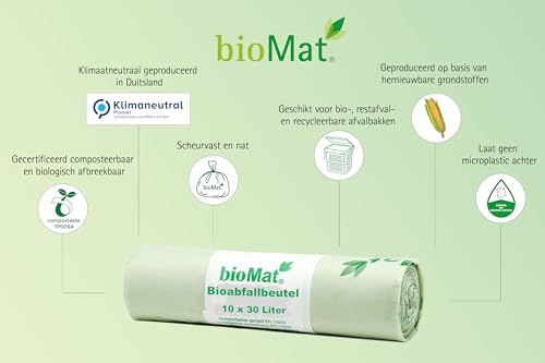 bioMat 8 Gallon Compostable Food Scrap Bags, 20 Count | BPI, CMA and OK Compost HOME certified, Meets the ASTM D6400 Standard, Medium Flat Top Waste Bags for Kitchen Food Waste Bin - size: 10 Count (Pack of 2), style: 8 Gallon