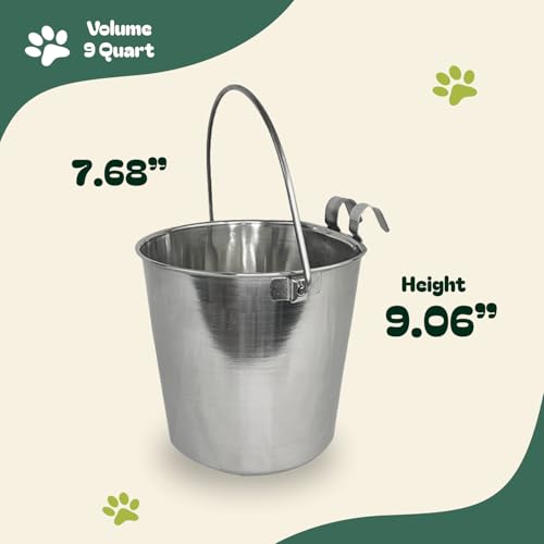 9 Quart Stainless Steel Bucket with Dual Hook | Perfectly Fits on Kennels, Cages and Critter Crates | Heavy Duty Bucket for Pets Cleaning & Food Prep - Flat Sided Pail - size: 9 Quart - Hooked