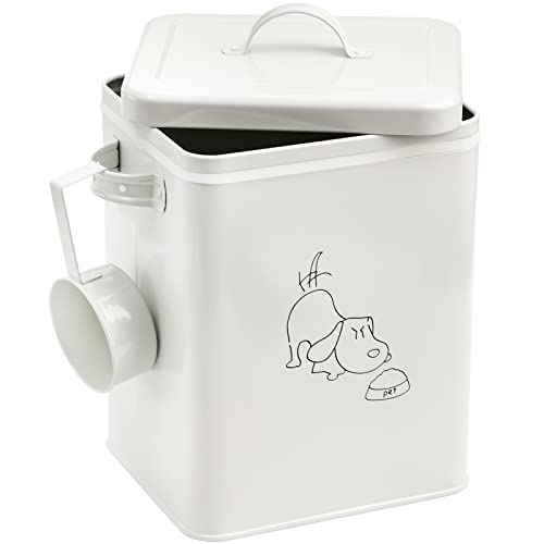 SOUJOY Pet Treat and Food Storage Bin with Lid and Scoop, 5LBS White Vintage Farmhouse Storage Tin, Coated Carbon Steel Canister, Gift for Dogs Owners