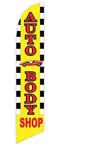 GLOBAL ADVERTISING SOLUTIONS Auto Repair Feather Flag Eye Catching Banner Sign for Business and Marketing Complete Set with 15 ft Pole Kit and Ground Spike (Auto Body Shop) - style: Auto Body Shop