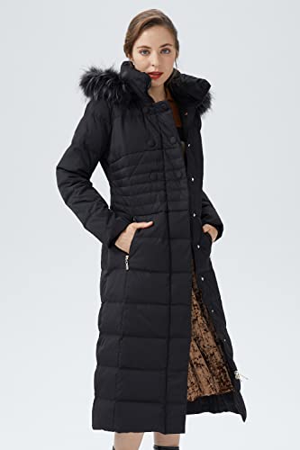 Orolay Women Warm Down Jacket with Hood Fur Long Puffer Coat Brown - color: Black, size: X-Large