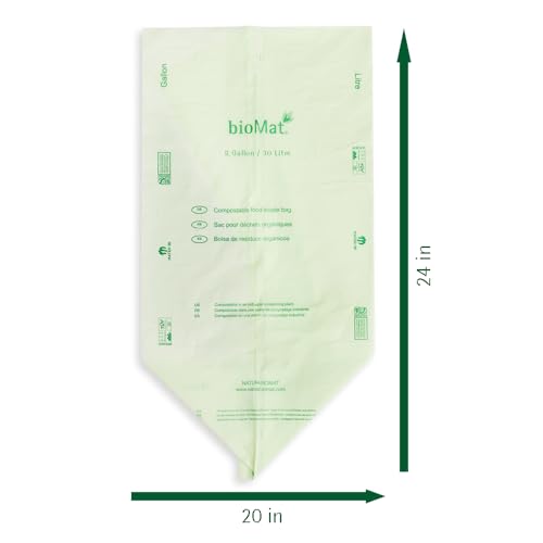 bioMat 8 Gallon Compostable Food Scrap Bags, 10 Count | BPI, CMA and OK Compost HOME certified, Meets the ASTM D6400 Standard, Medium Flat Top Waste Bags for Kitchen Food Waste Bin - size: 10 Count (Pack of 1), style: 8 Gallon