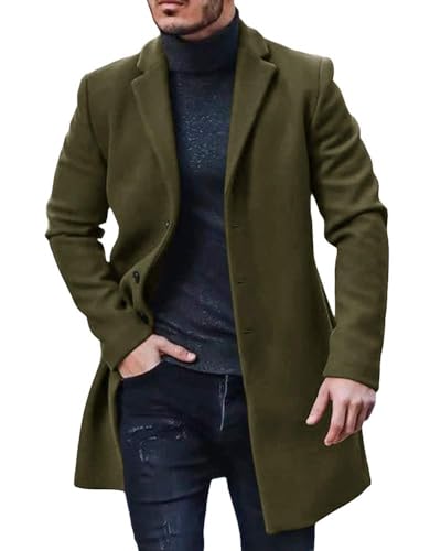 PASLTER Mens Trench Coat Slim Fit Mid Length Pea Coat Winter Overcoat | Notched Collar,Single Breasted,Warm Peacoat Jacket,Soft Mens Dress Coat,Fall Winter Mens Trench Coat Long - color: Armygreen, size: Medium