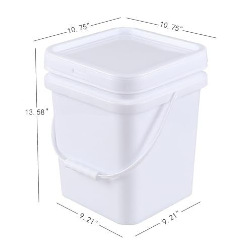 Bringer 4 Pcs 5 Gallon Utility Square Plastic Bucket Pail with Lid, White | airtight sealed cover, comfortable grip handle, durable plastic, for kitchen commercial food storage