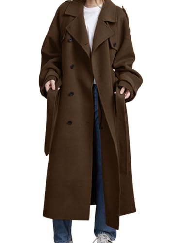 chouyatou Women's Winter Double Breasted Wool Coat Long Sleeve Notch Lapel Midi Long Winter Trench Coat with Belt - color: Brown, size: Large