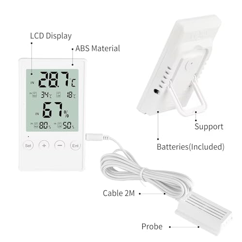 Dual Probe Thermometer Hygrometer with Alarm - Indoor/Outdoor Temperature Humidity Monitor for Home, Reptile Tanks, Incubators, Greenhouse - Large Display with Hi/Lo Alerts