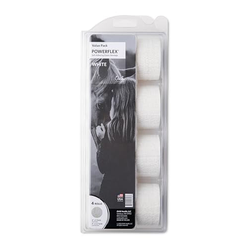 PowerFlex Equine – Extra Strong Self-Adhering Bandage Wrap – Wound Care, Compression & Support Bandage for Horses, Cows & Dogs – White, 4 inch, 4 Rolls (Resealable Case) - color: White