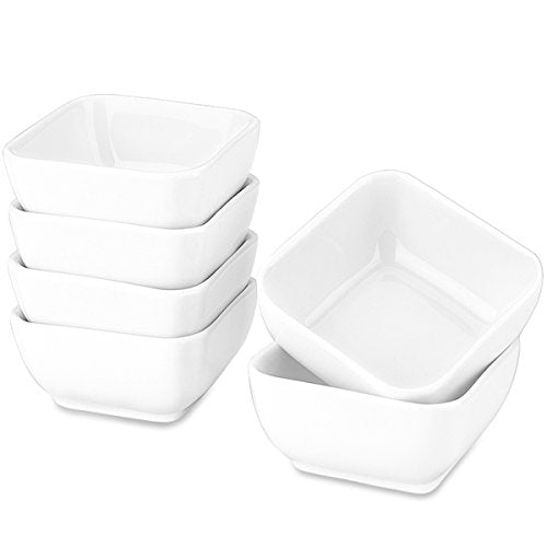 DELLING 6 Oz Porcelain Ramekins Set of 6, Square Souffle Dishes Oven Safe - White Ceramic Creme Brulee Ramekins for Baking, Dishwasher Microwave Freezer Safe Dessert Cups for Pudding Custard - color: White, size: 6oz