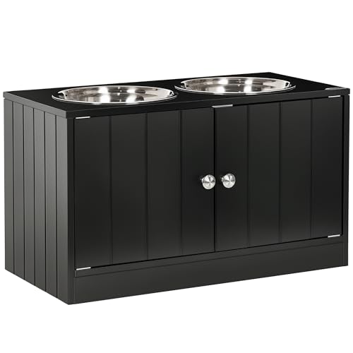 PawHut Large Elevated Dog Bowls with Storage Cabinet 44L Capacity Black | Raised Dog Bowl Stand, Pet Feeding Station - color: Black