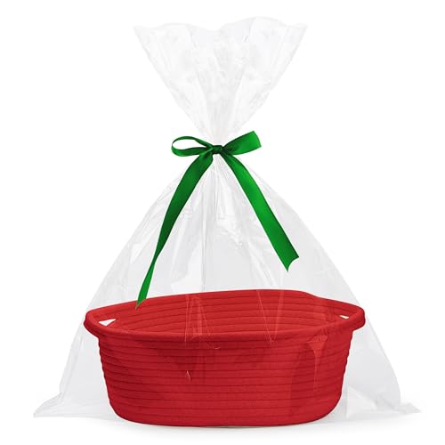 Pro Goleem Small Woven Basket with Gift Bags and Ribbons Durable Baskets for Gifts Empty Small Rope Basket for Storage 12"X 8" X 5" Baby Toy Basket with Handles, Red - color: red