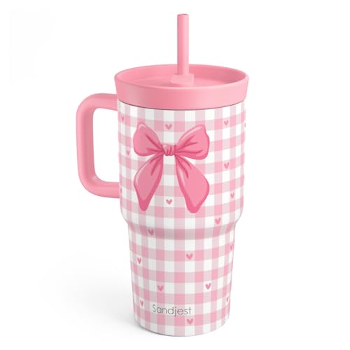 SANDJEST Bow Stainless Steel Tumbler 20oz with Handle and Silicone Straw Locking Lid for Kids Girls, Birthday Christmas Back to School - color: Bow 2