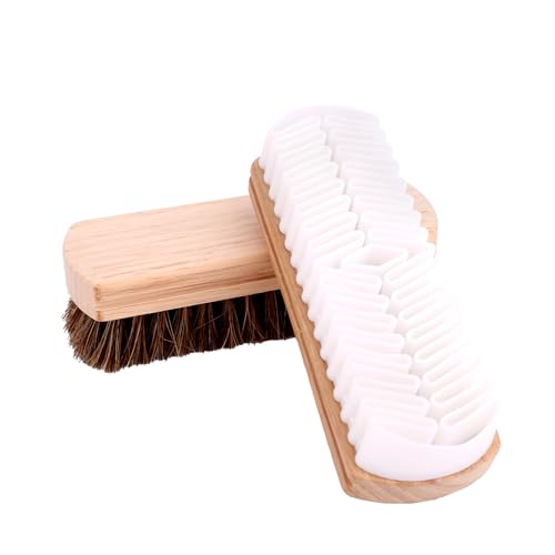 2pcs Horsehair & Rubber Shoe Brush Set, 2 Styles Boot Magic Eraser Cleaning Brush with Wood Handle Nubuck Cleaner Kit for Leather & Suede Shoes Boots